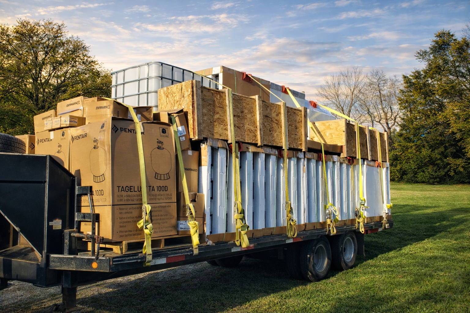Flatbed trailer loaded with pool kit materials including ICF blocks and equipment