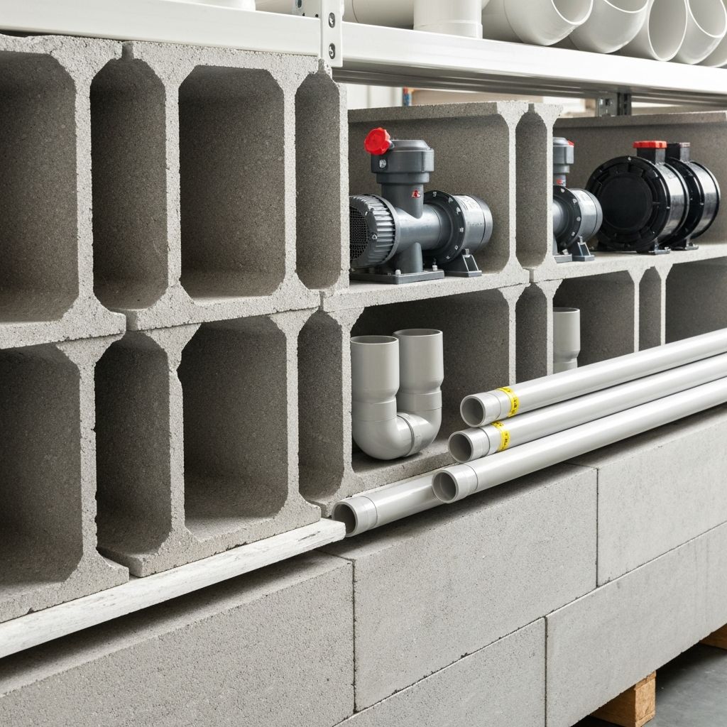 ICF pool kit components organized in a warehouse