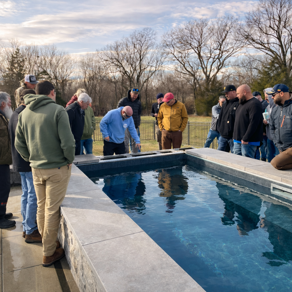 Outdoor training session with builders gathered around a completed ICF pool